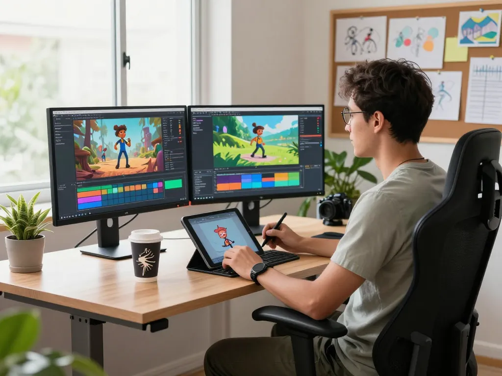 Kling 2.6 motion control workspace showcasing animator utilizing advanced software with vibrant animations and digital tools.