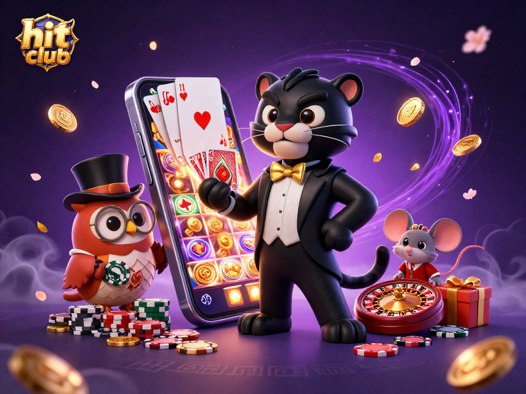 Experience the excitement of hit club with stylish characters enjoying casino games and spinning slots.