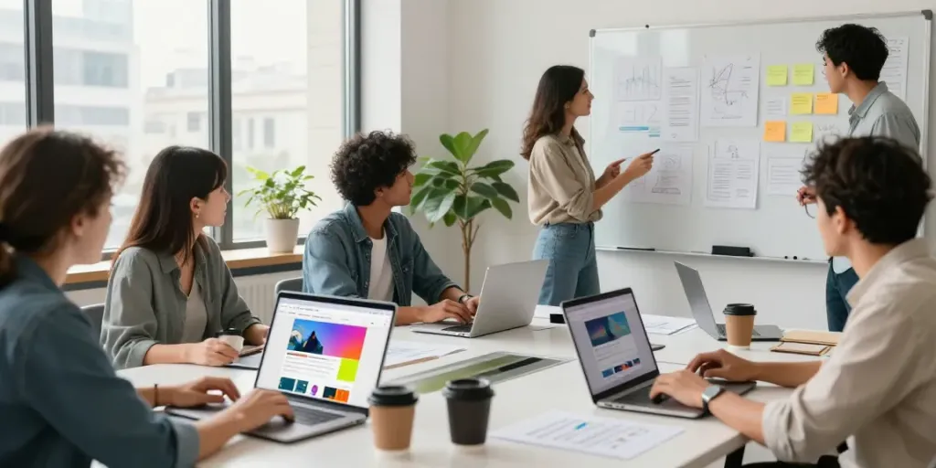Webdesign Saarland: Kreatives Team arbeitet an modernen Webdesign-Projekten in einem hellen, einladenden Büro.
