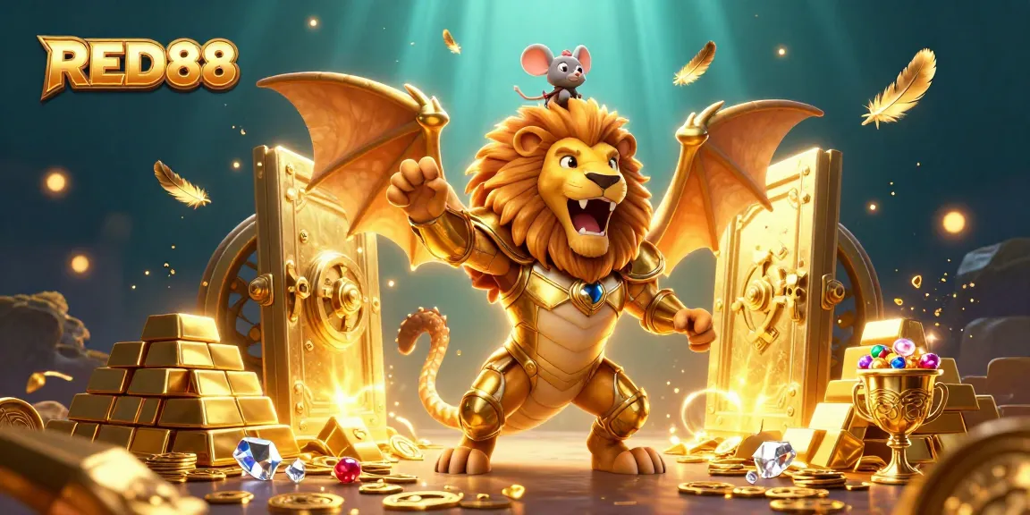 Engage in the thrilling world of RED88 with a golden chimera and gems galore, celebrating your wins!