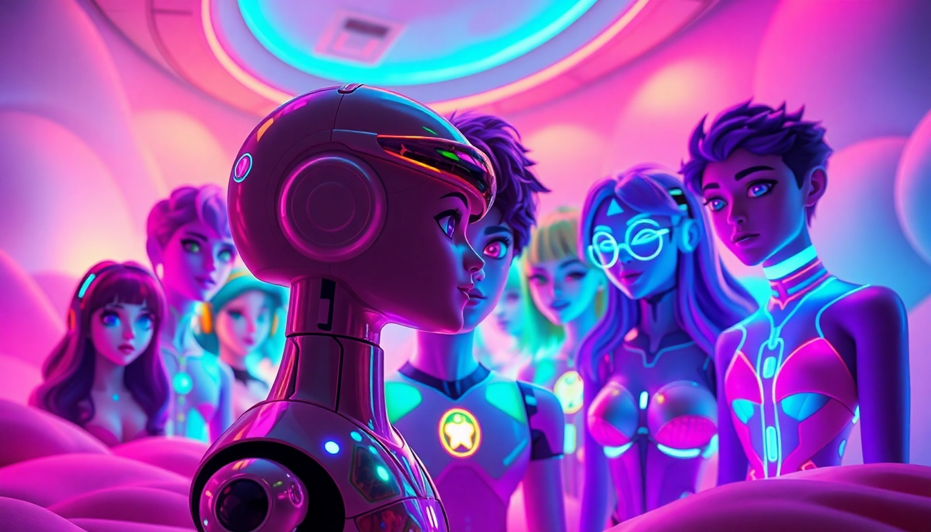 Engaging NSFW AI chat interactions featuring unique digital avatars in a vibrant landscape.