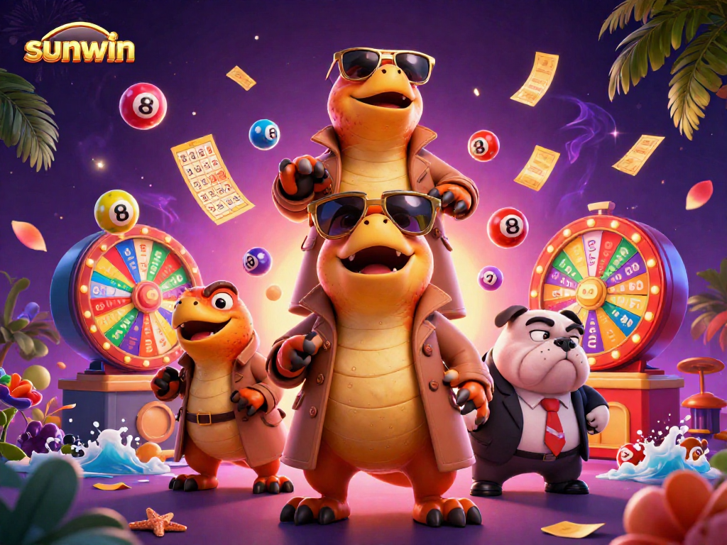 Join the fun at sunwin with colorful lottery balls bouncing in a lively casino scene.