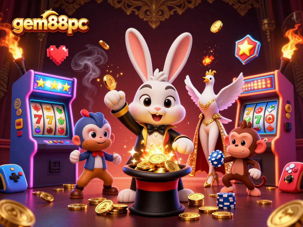 Experience thrilling gameplay at gem88pc with a cartoon magician bringing gold and jackpot fun.