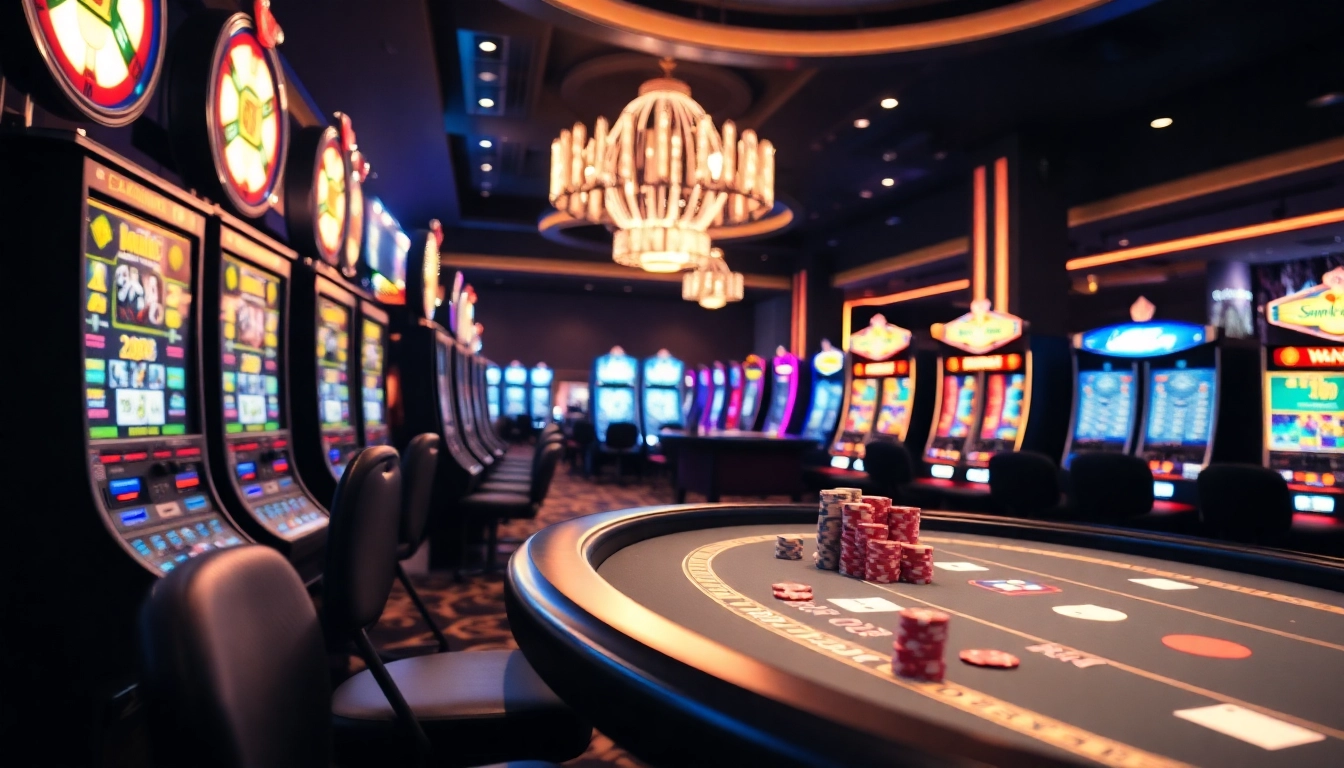 Setze den casino bonus ohne einzahlung neu in Szene mit einem eleganten Casino, leuchtenden Automaten und stilvollen Tischspielrequisiten.