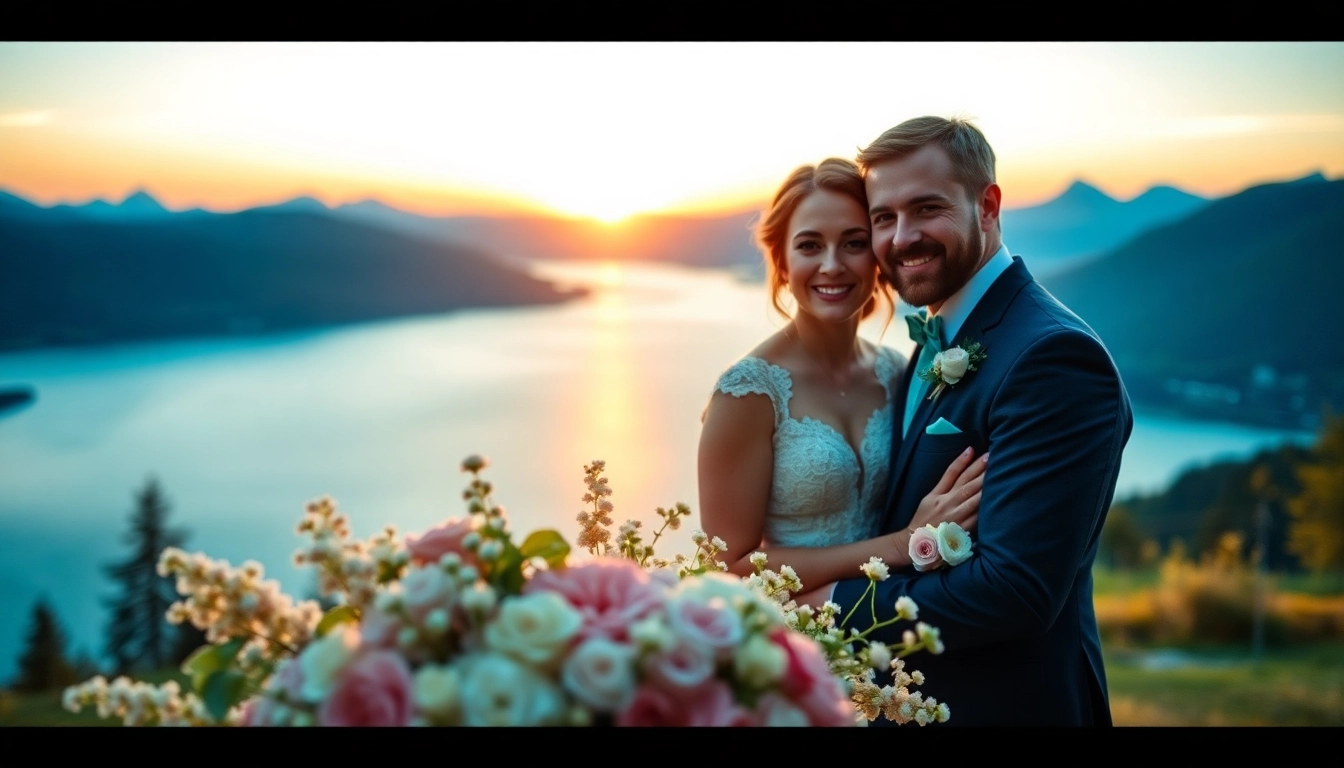 Hochzeitsfotograf Tegernsee porträtiert ein glückliches Paar vor atemberaubender Kulisse.