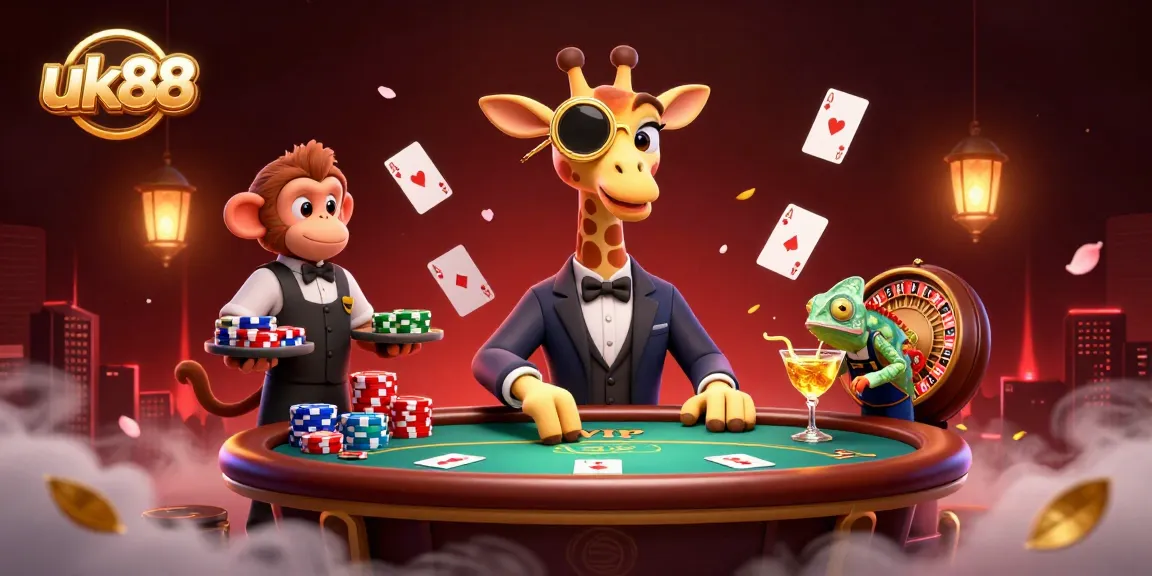 Engage in thrilling gaming experiences at uk88 with a high-roller giraffe at a VIP poker table.