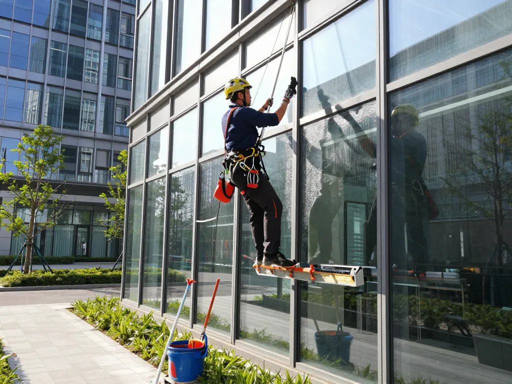 Fensterreiniger, der Fensterreinigung durch Profis in Münster bereitstellt und Professionalität sowie Expertise in einem hellen städtischen Umfeld zeigt.