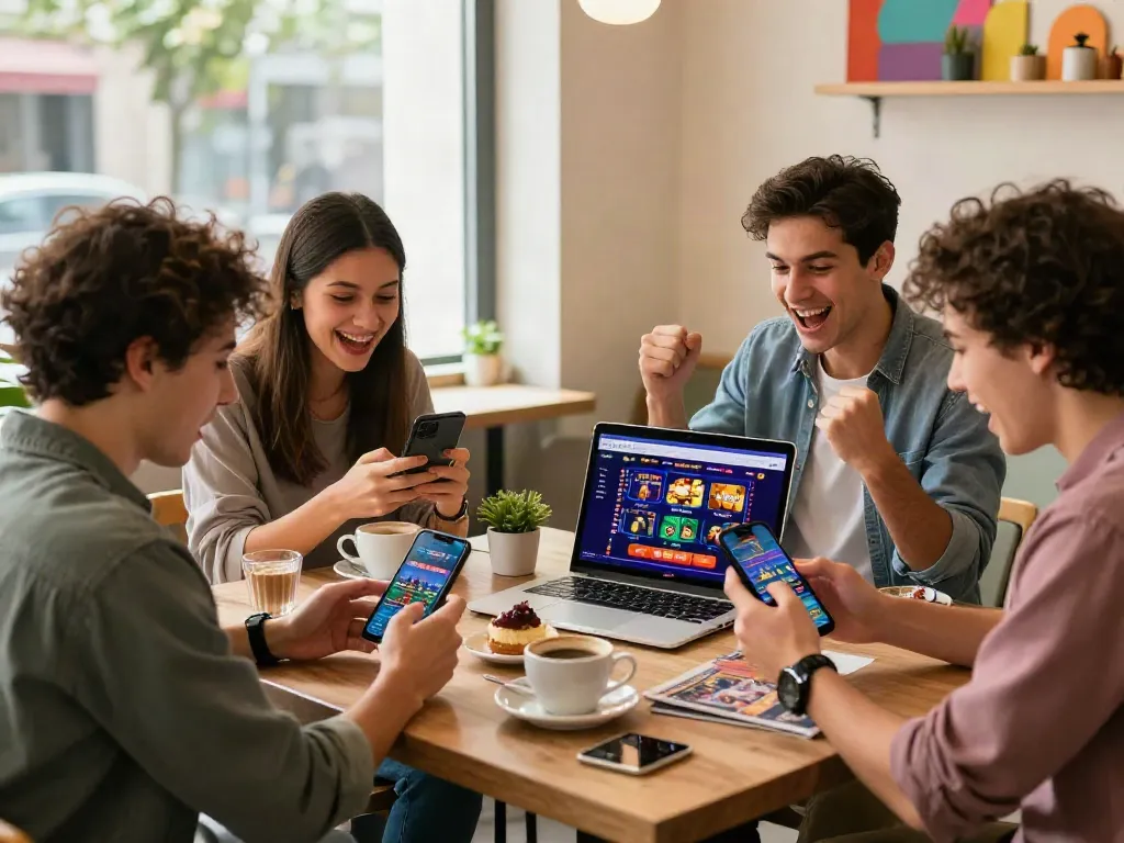 Freunde spielen gemeinsam in einem Café mobile Casinos mit Euro und genießen aufregende Gewinne.
