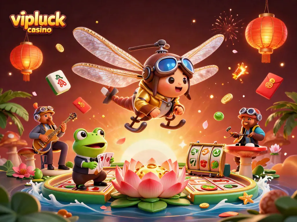 Experience vibrant gameplay at vipluck casino with a colorful dragonfly pilot and frog dealer.