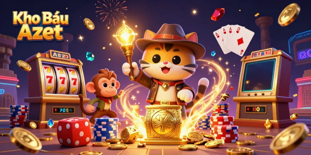 Engage with the thrilling action of Kho Báu Aztec as the archaeologist cat uncovers treasures amidst vibrant casino elements.