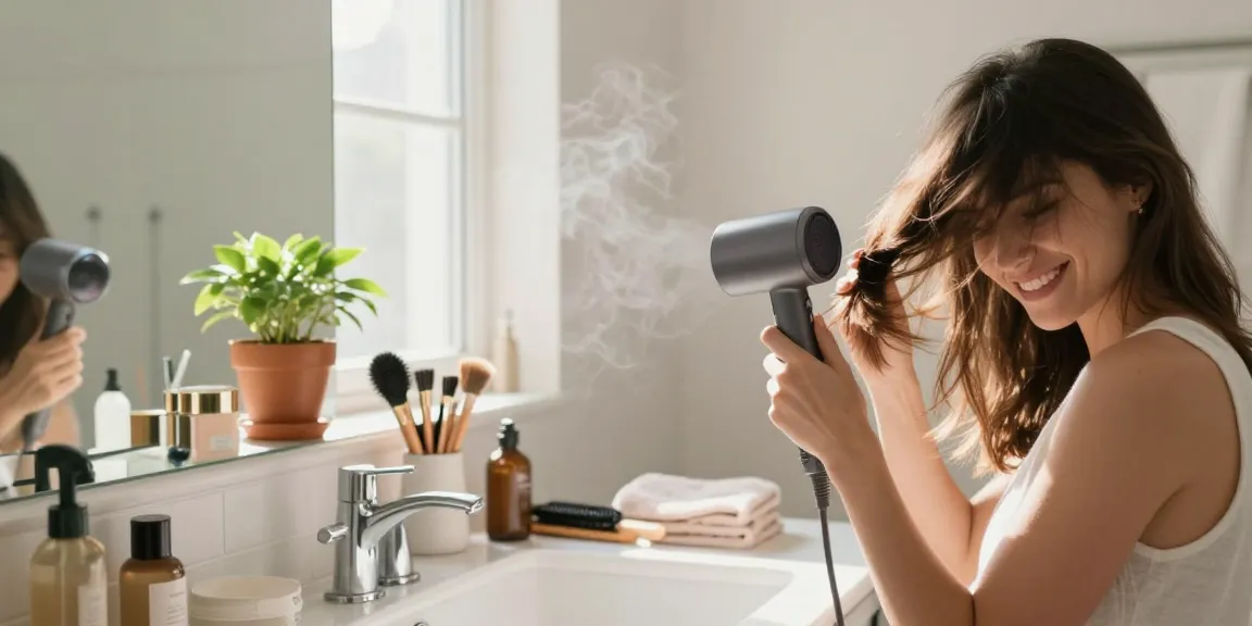 Woman using a mini blow dryer in a stylish bathroom for a perfect morning routine
