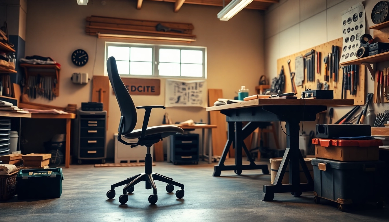 Werkstatthocker am modernen Arbeitsplatz mit Werkzeugen und Materialien.