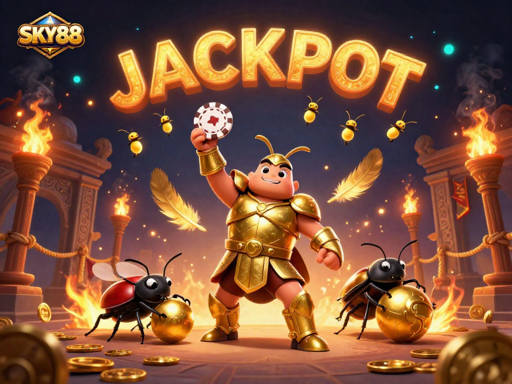 SKY88 celebrates with a victorious beetle in a vibrant casino scene, showcasing excitement and winnings.