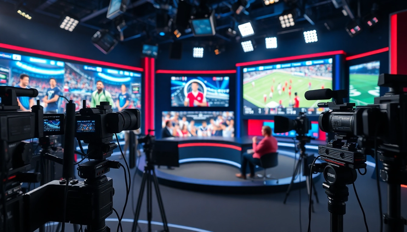 Dynamic sports broadcasting studio with hosts discussing live events and vibrant graphics.