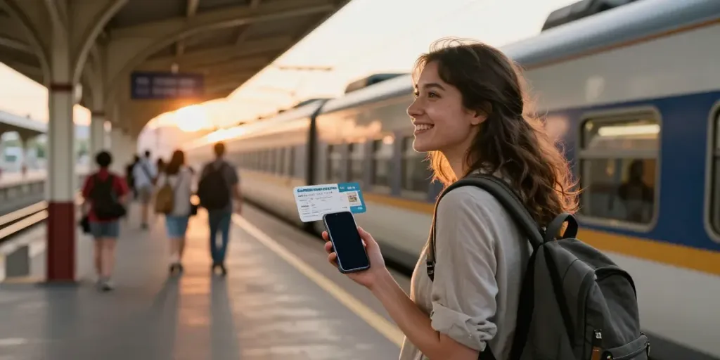 Zugtickets für Hin- und Rückfahrt in der Hand einer Reisenden am Bahnhof mit Sonnenuntergang im Hintergrund.