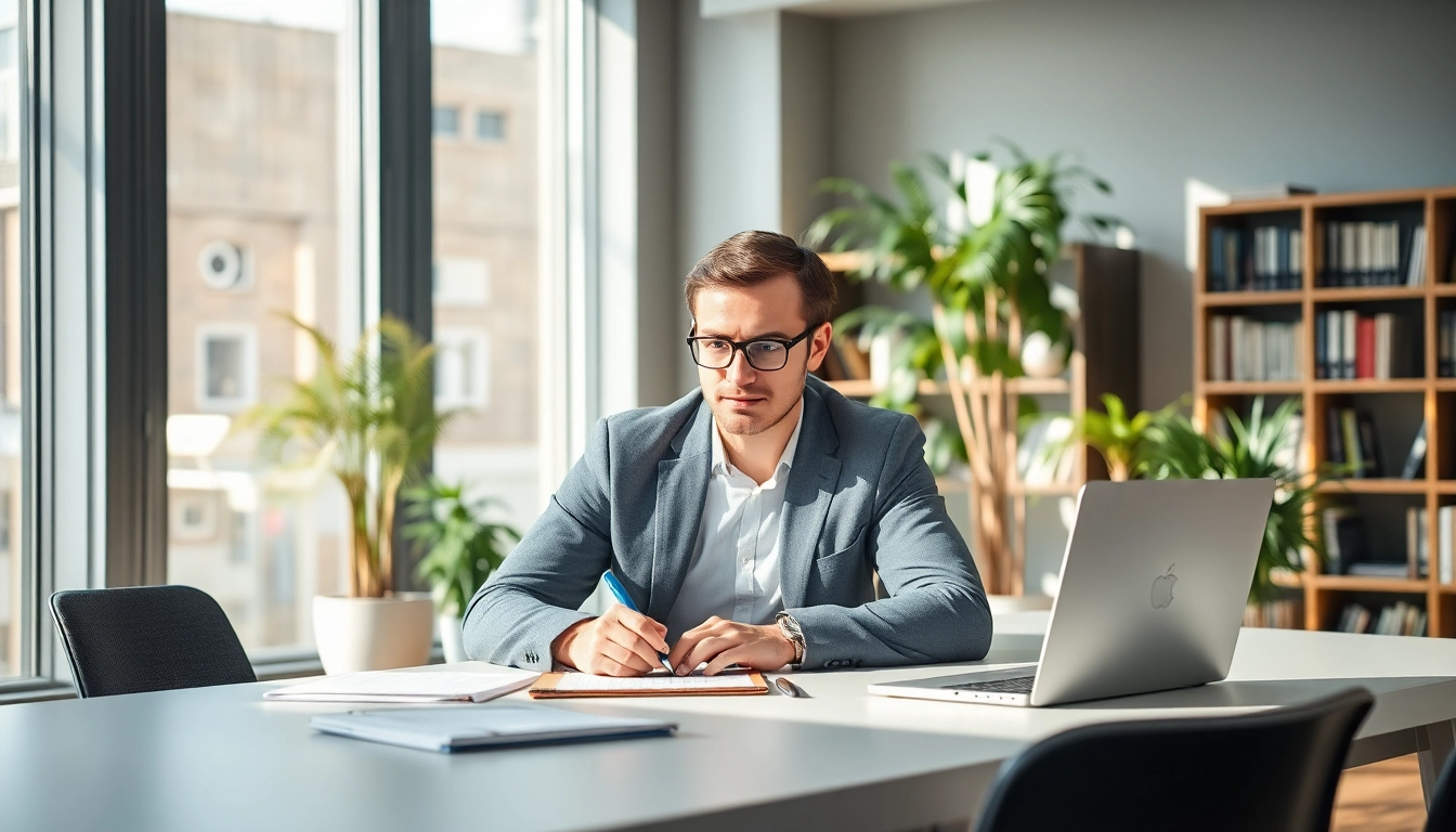 Qualifizierter Headhunter Krefeld bei der Arbeit am Schreibtisch in einem modernen Büro.