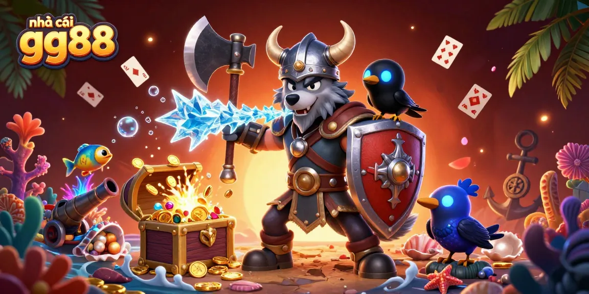 Engage with nhà cái gg88's thrilling adventure featuring a Viking and dragon in an epic casino scene.