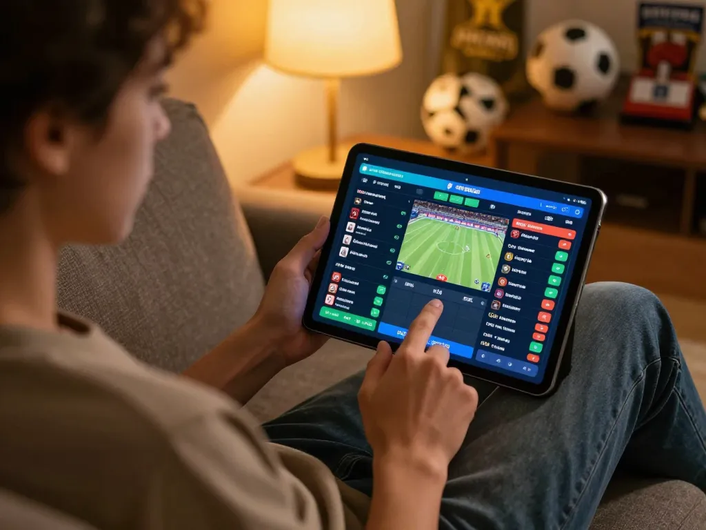 Engaging in Plagiat scannen on a tablet while strategizing sports betting from home.