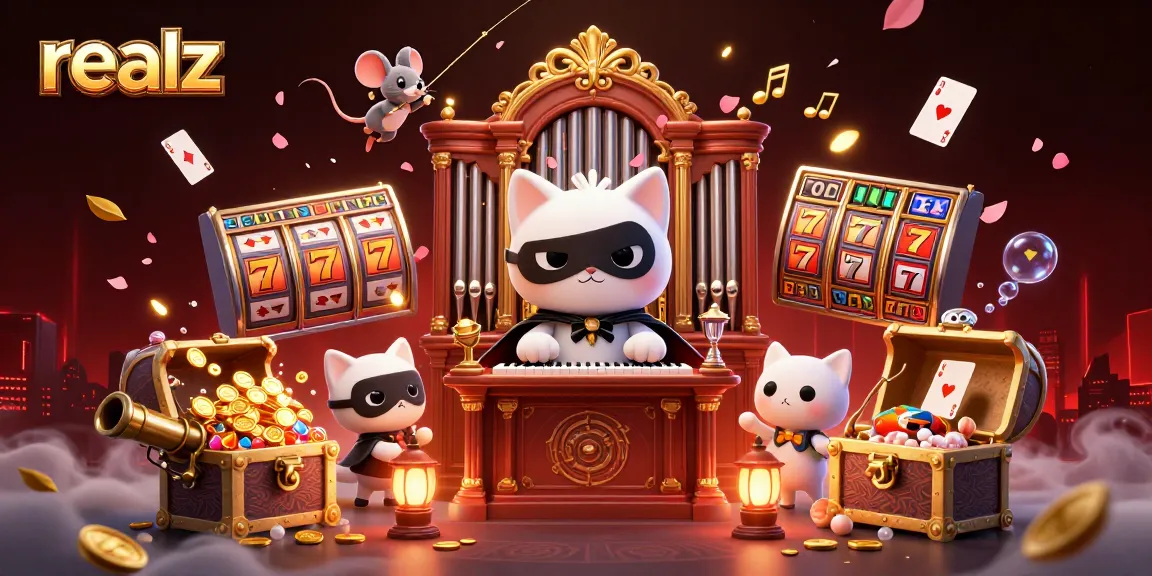 Spin the reels at realz casino with a phantom cat and a mouse acrobat amid sparkling treasures.