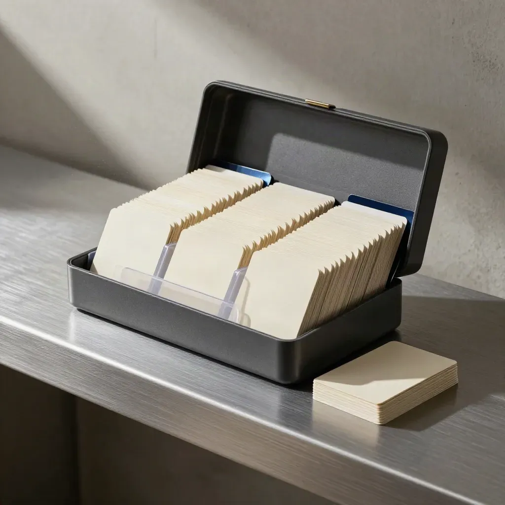 Studio-Produktfoto eines modularen Startup-Toolkits mit Karten, Case und Einsätzen auf Pewter-Bank.