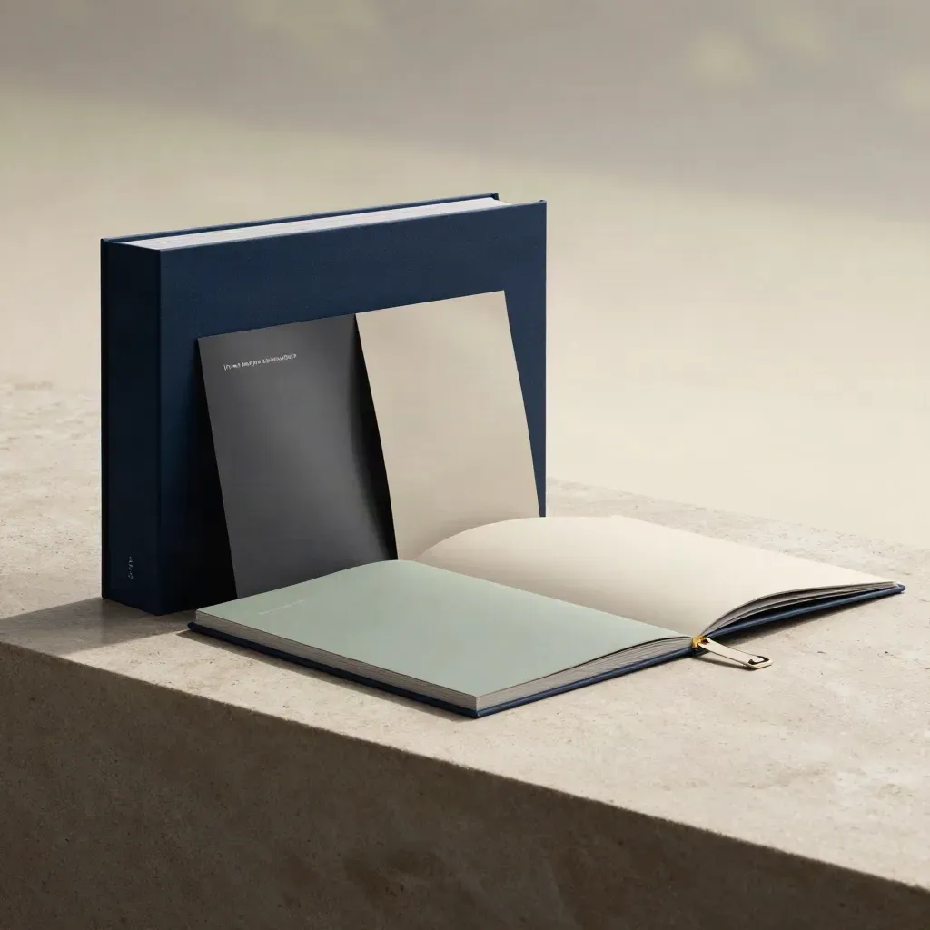Premiummediakit mit Hardcover, Folio und Sleeve auf hellem Stein im feuchten Studiolicht.