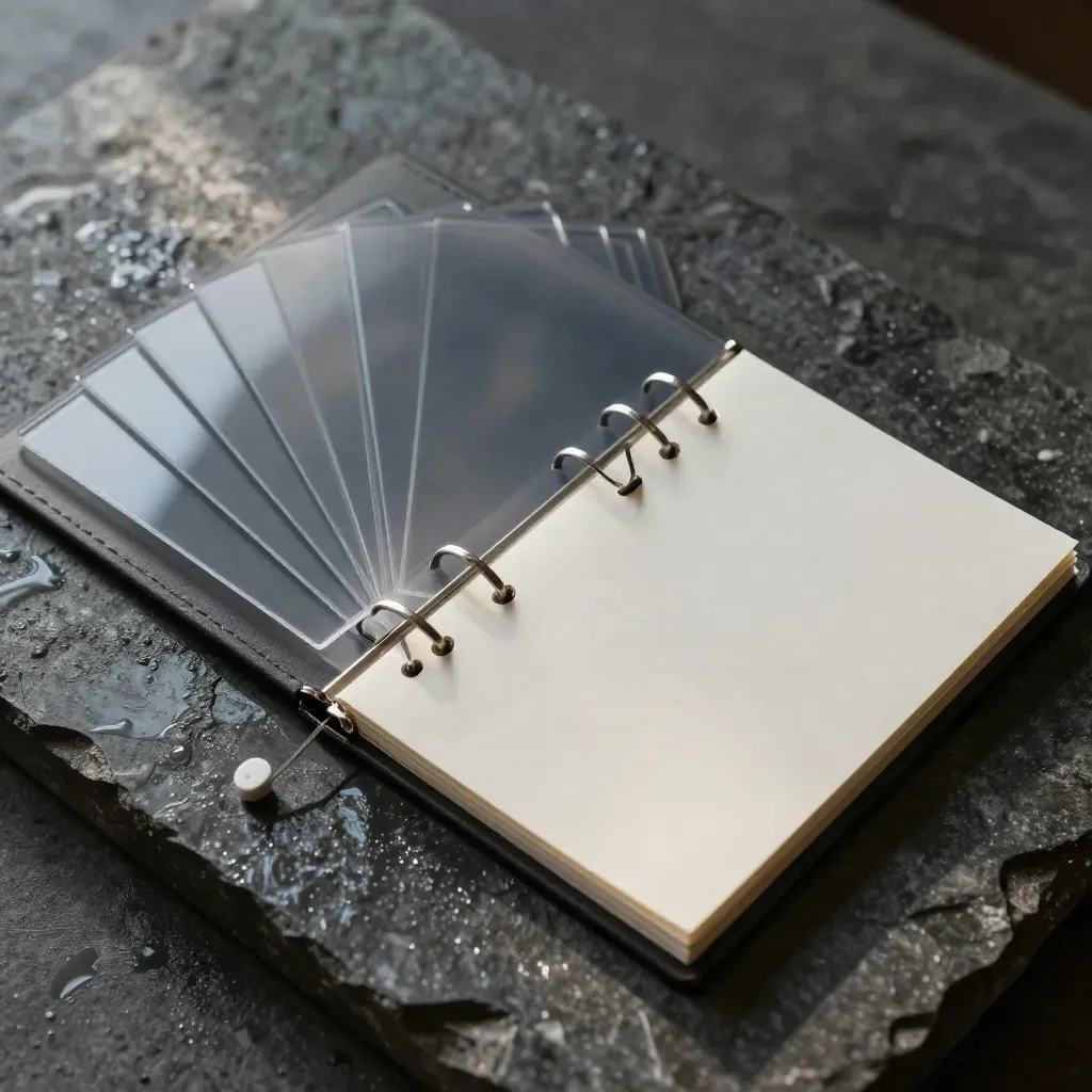 Flache Draufsicht auf einen Pitch-Deck-Check mit Binder, Folien und Score-Chip auf nassem Stein.