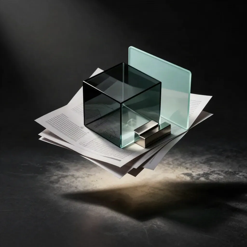 Schwebendes Funding-Report-Paket mit Glaskubus und Metallgewicht auf dunklem Studiohintergrund.