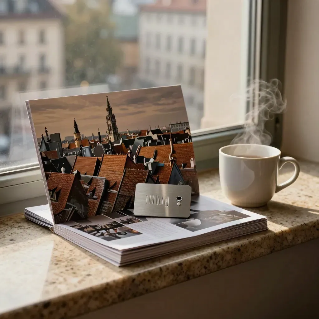 Stadtführer-Folio mit Skyline-Einlage, Transittoken und dampfender Tasse auf Travertin.