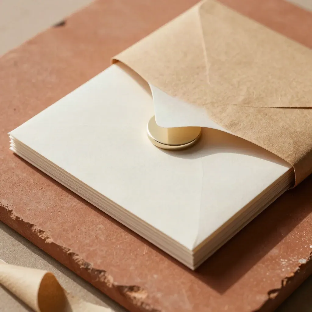 Briefing-Paket aus Umschlag, Papier und Token auf terrakottafarbener Oberfläche