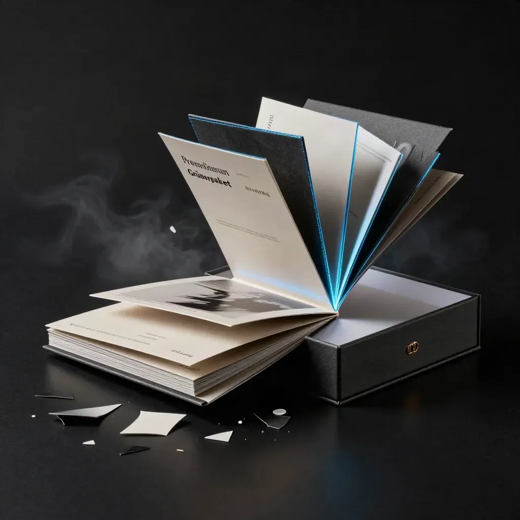 Aufplatzendes Gründerpaket mit Booklets, Box und Glaskarte im dramatischen Studiolicht.