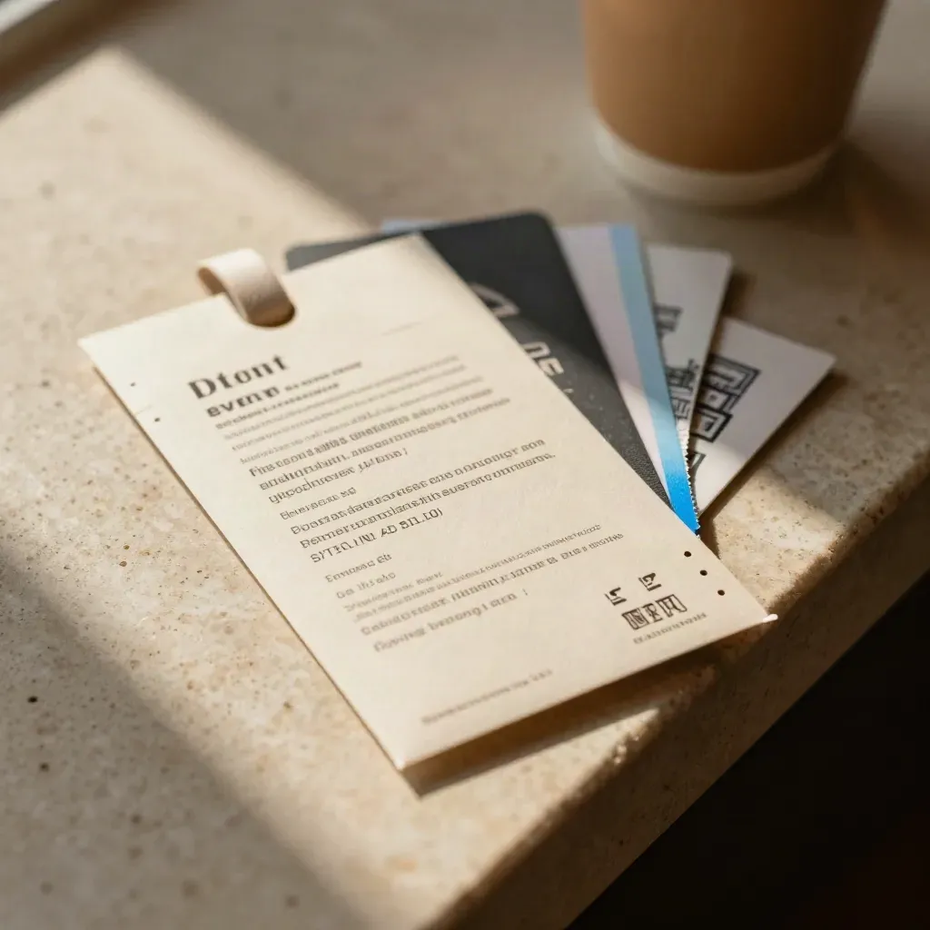 Makro eines Eventpakets mit Ticketschnipseln, Armband und gefaltetem Stadtkärtchen neben Kaffeetasse.