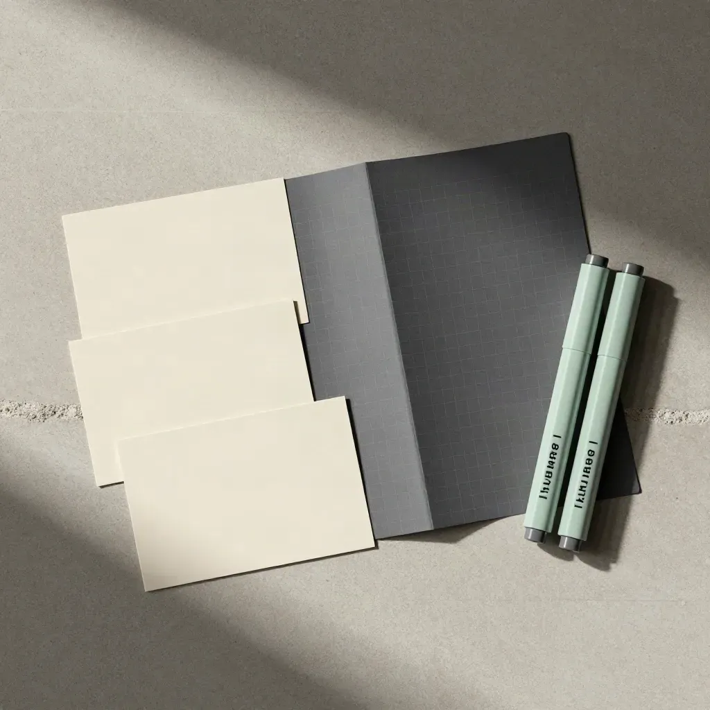 OKR-Starterset mit fünf Karten, gefaltetem Planboard und Mint-Markern auf Beton.