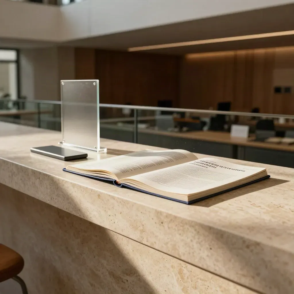 Travertin-Ledge im Startup-Interior mit ruhigem Kopierraum und weichem Licht