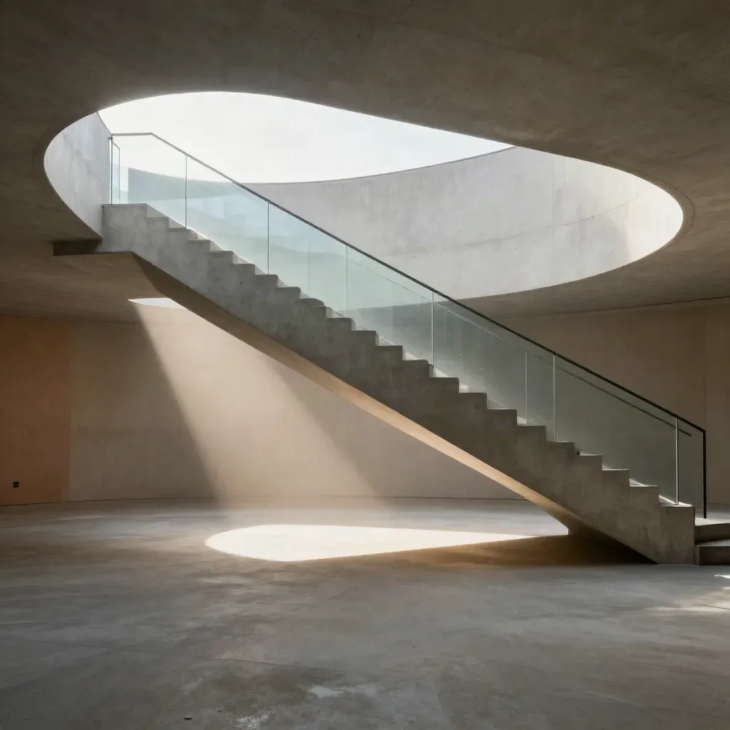 Lichtdurchflutetes Betonatrium mit Glaspodest, Treppe und viel leerem Raum für Headlines