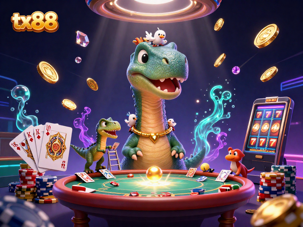 Betting at tx88 with a giant brontosaurus in a vibrant casino scene