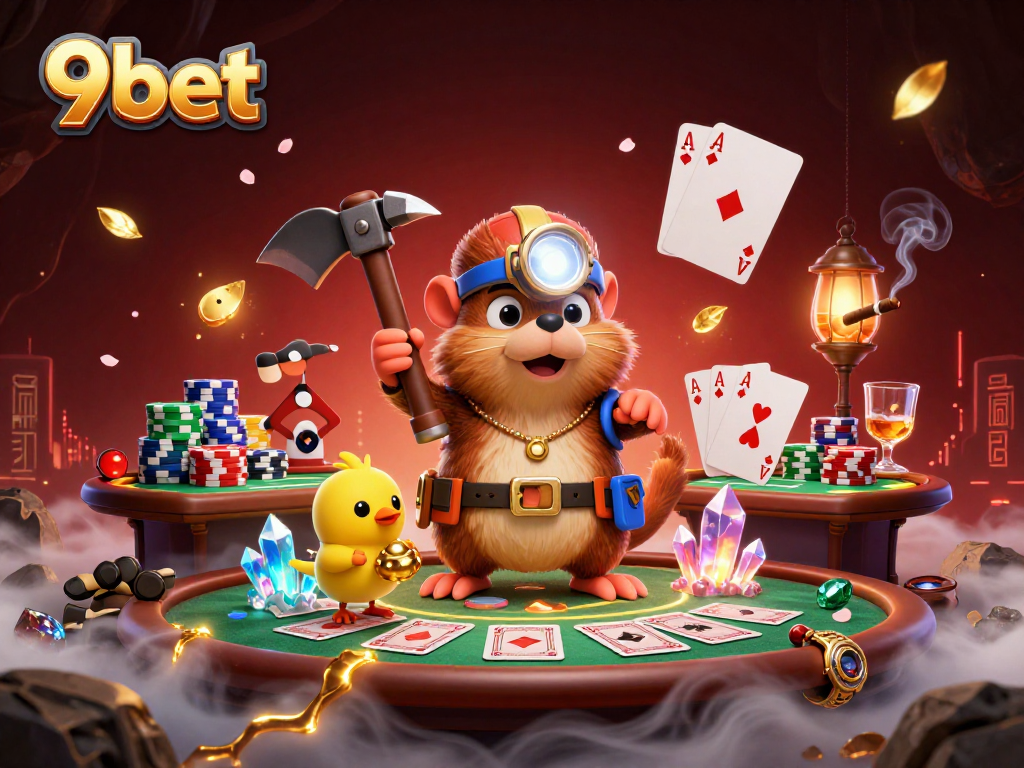 Mining treasures at 9bet's casino with poker chips, cards, and vibrant golds