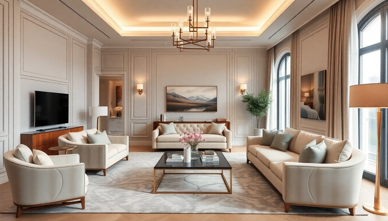 Experience luxury with an elegantly designed living room featuring plush furniture and soft lighting.