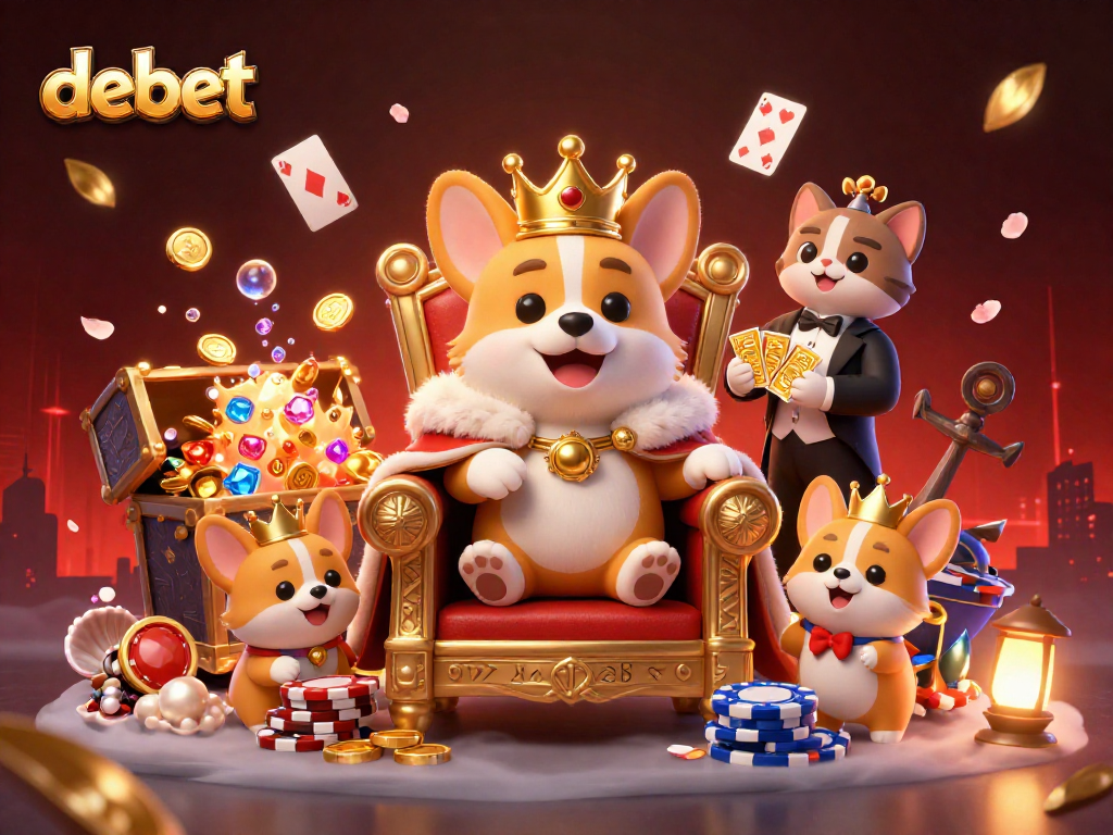 Experience luck and excitement at debet with a royal corgi on a poker chip throne amidst treasures and gaming elements.