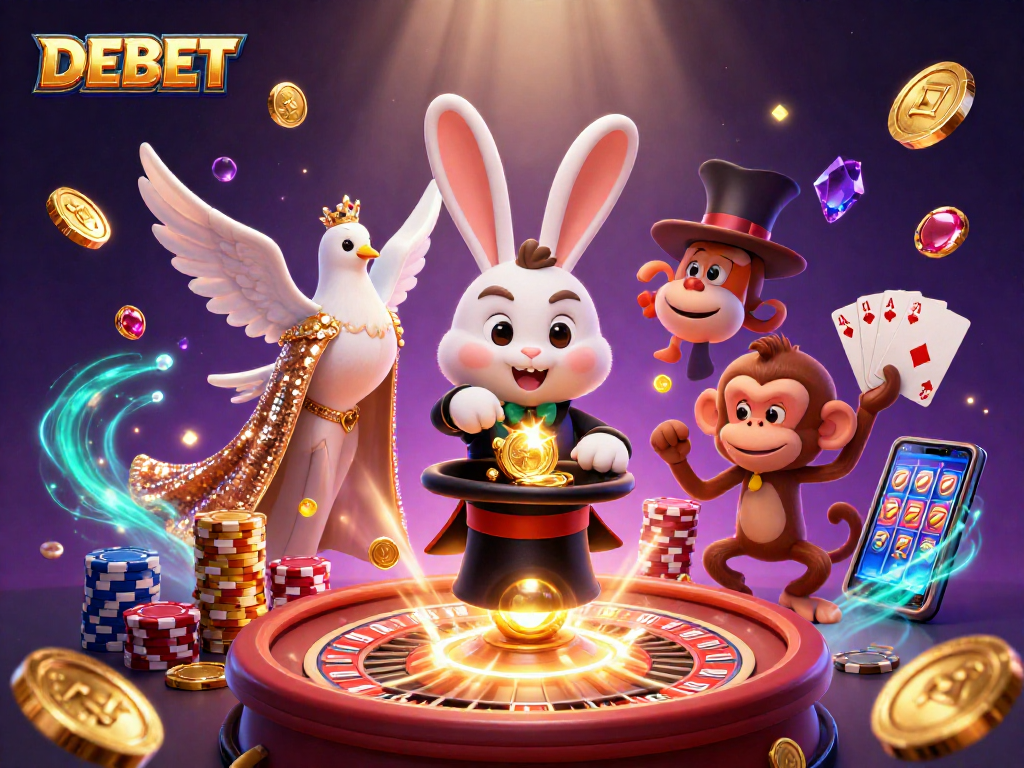 DEBET showcases a fortune-filled scene with a magician rabbit, dove, and mischievous monkey surrounded by casino elements.