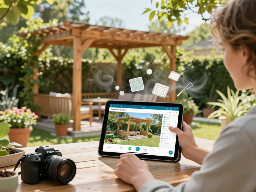 Pergola Konfigurator 3D in Gebrauch, Hauseigentümer entwirft eine Pergola, visualisiert in ihrem Garten.