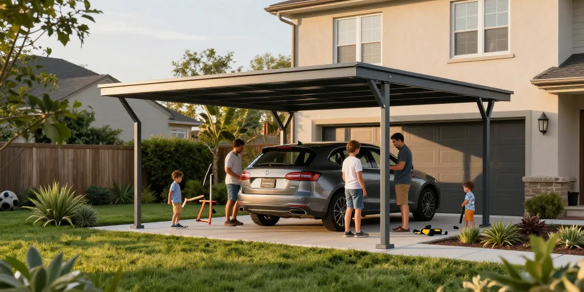 Moderne Carport-Installation schützt Fahrzeuge vor Witterungseinflüssen und schafft eine einladende Atmosphäre.