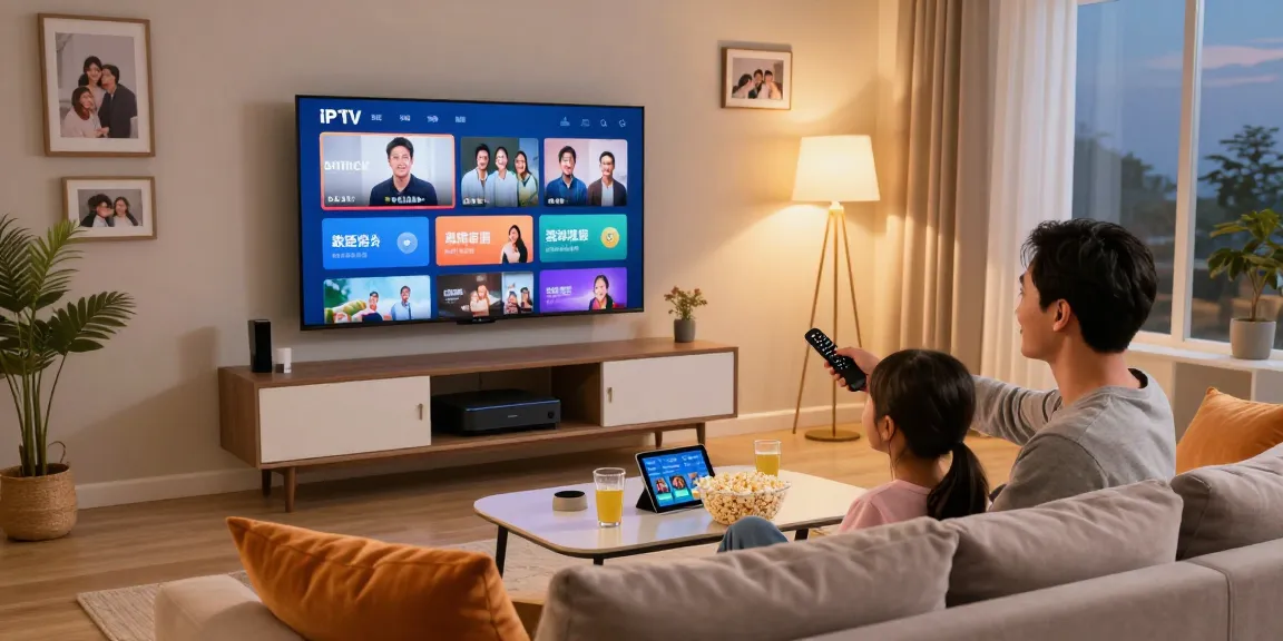 Ein Familienmitglied genießt IPTV Smart TV Unterhaltung mit einem lächelnden Kind im modernen Wohnzimmer.