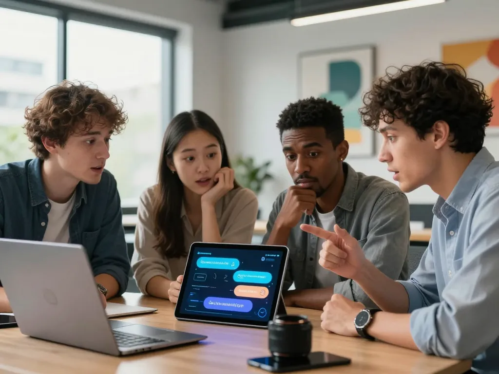 Engaging in sex AI chat, a diverse group explores futuristic technology in a modern office.