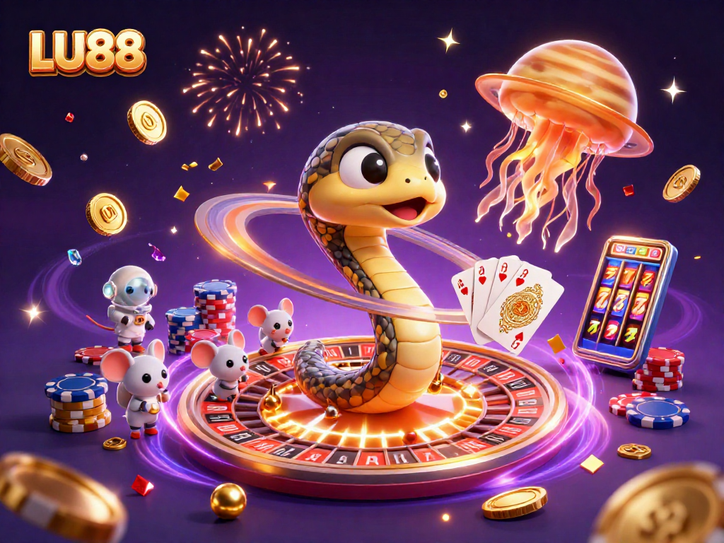 LU88 features astronaut mice gambling on a cosmic roulette wheel with a golden jellyfish dealer.