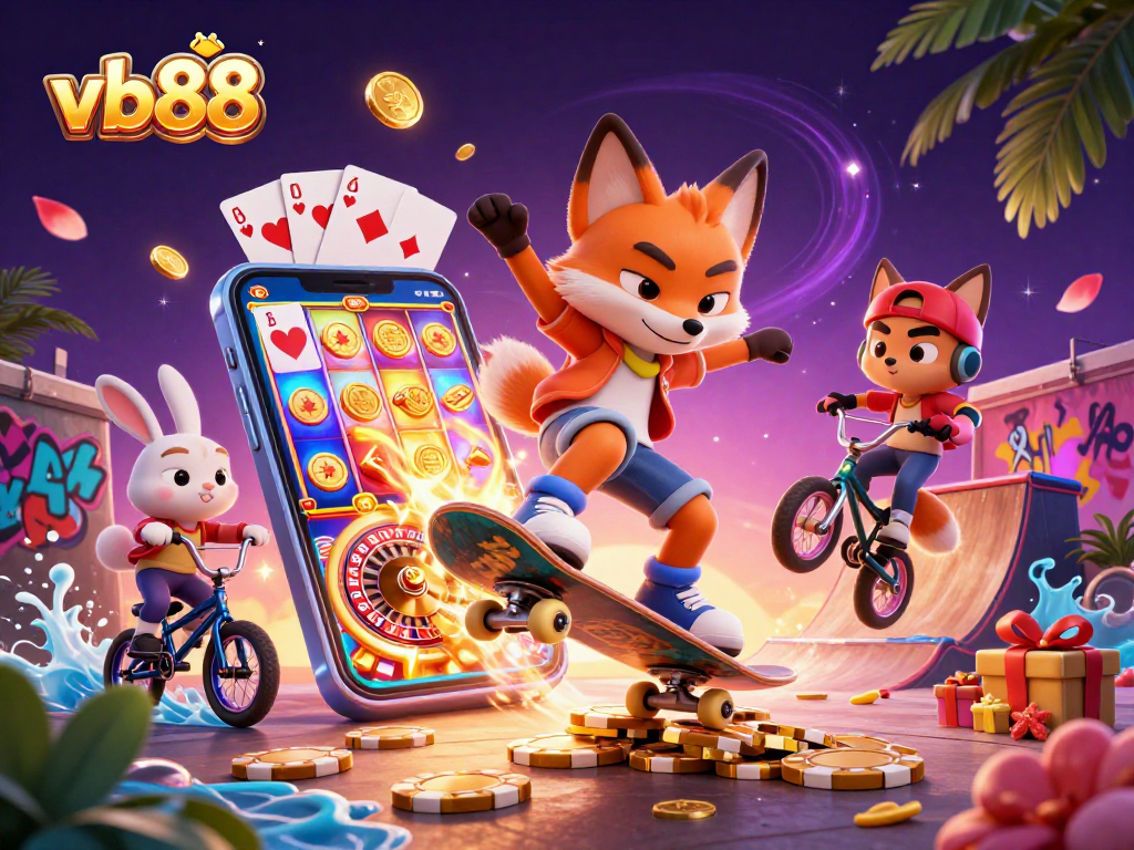 Experience exciting gaming action with vb88, featuring a skateboarding fox and BMX rabbit in a casino-themed scene.