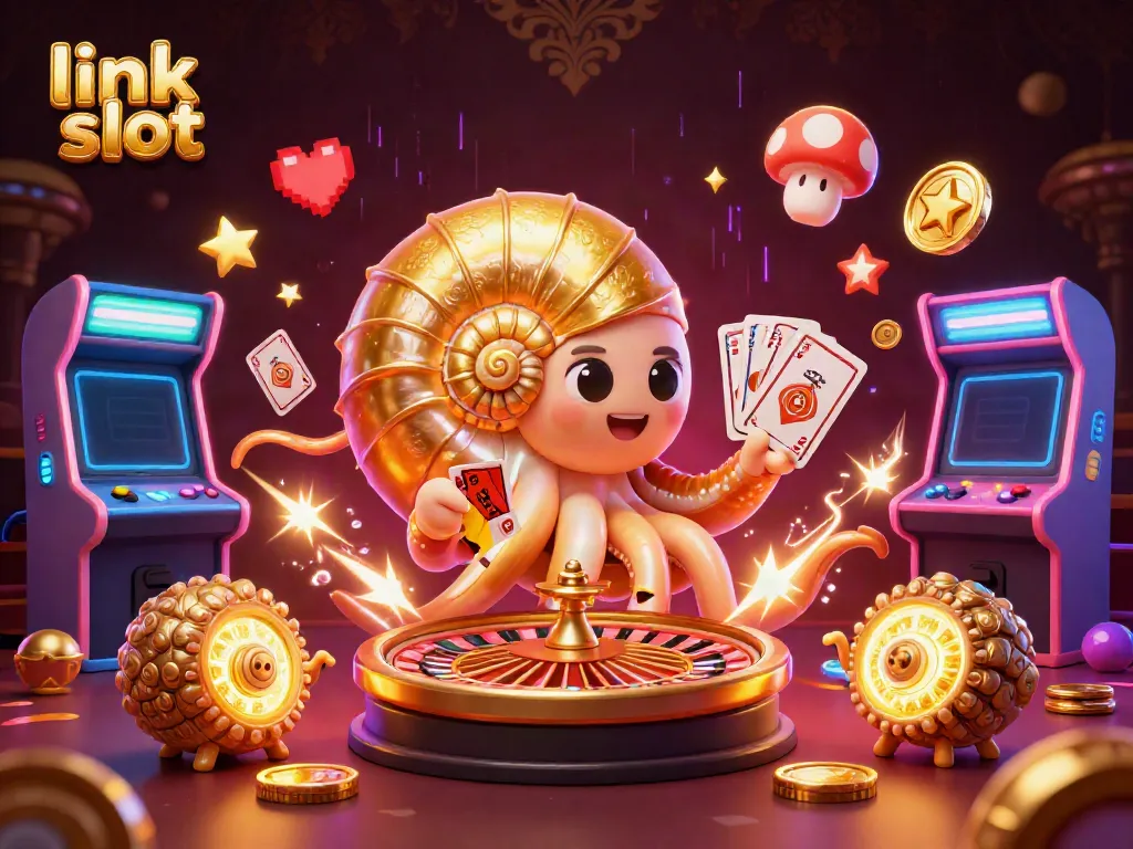 Experience winning excitement with link slot in this vibrant 3D casino illustration showcasing slots and gaming elements.