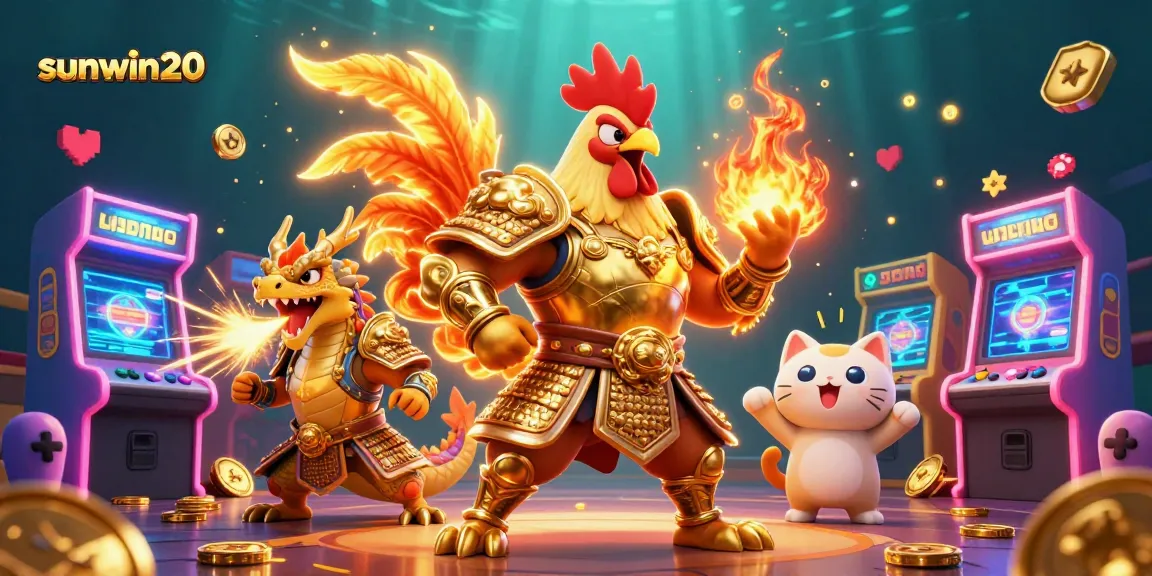 Join the action at sunwin20 with a dynamic scene featuring a powerful rooster warrior and a dragon hatchling in a vibrant arcade.