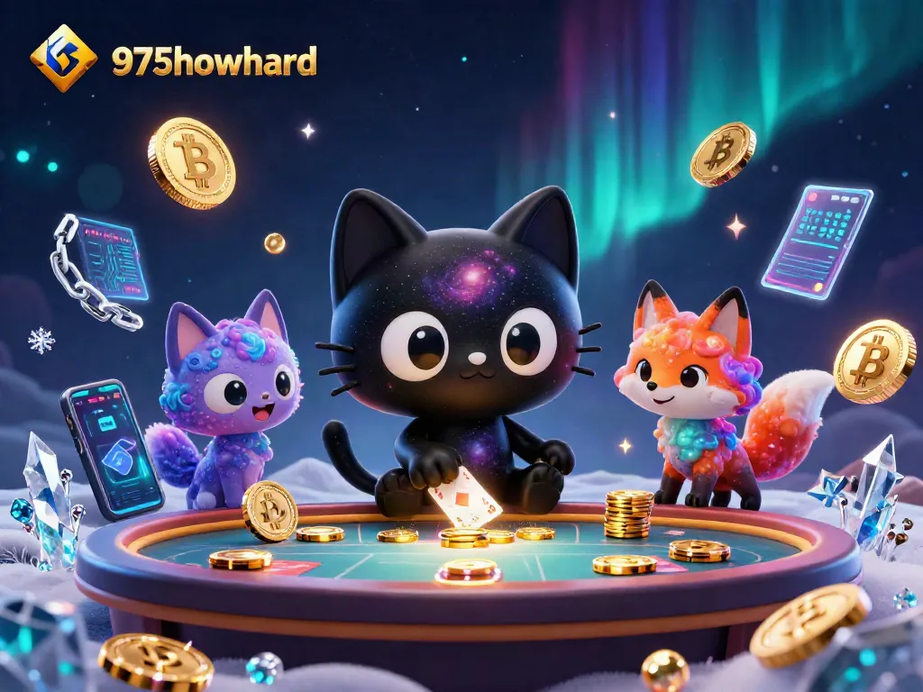 Engage in cosmic gaming at 975howard as a black hole cat draws in golden chips amidst vibrant crypto elements.
