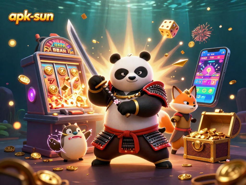 Experience the excitement of apk-sun with a thrilling 3D scene of animated characters and jackpot riches.