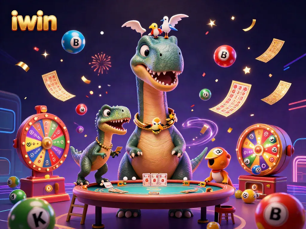 Join the fun at iwin with a giant brontosaurus and raptor driving card games in a bustling casino scene.